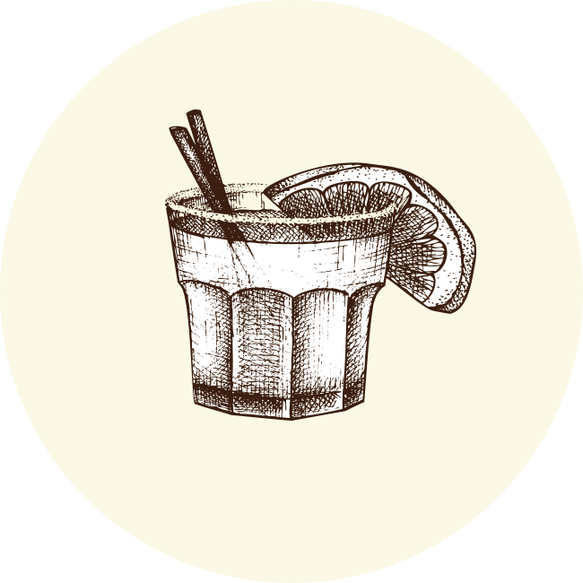 Pen & Ink illustration of Drink in tumbler with straws and orange slice. 